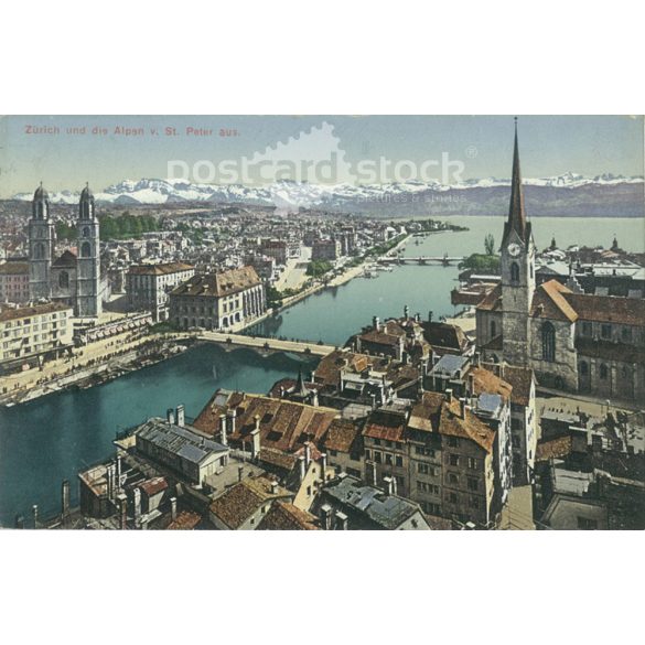 1911 – Zurich. Lake Zurich and St. Peter’s Church. Colored photo sheet, postcard. (2791041)