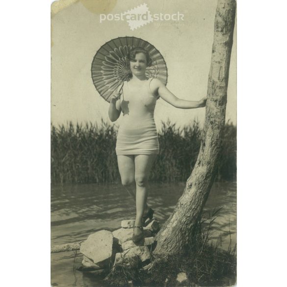 Lady in swimsuit with umbrella. Balaton. Photo sheet, postcard. (2791106)