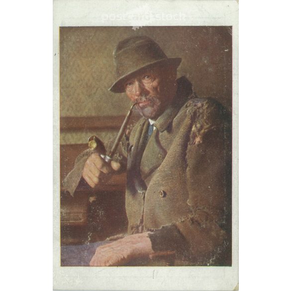 1920 – Smoking old farmer portrait painting reproduction. With Kecskemét stamping. Postcard. (2791139)