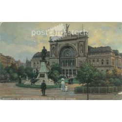   1916 – Budapest, Central Railway Station and Baross statue. Colored photo sheet, postcard. (2791143)