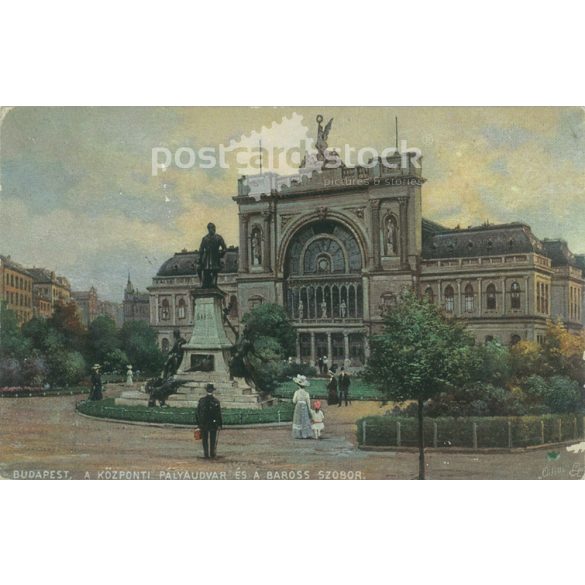 1916 – Budapest, Central Railway Station and Baross statue. Colored photo sheet, postcard. (2791143)