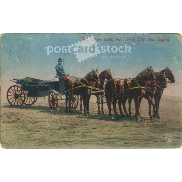 1912 – Horse-drawn parade carriage of the free royal city, Debrecen. Colored photo sheet, postcard. (2791288)