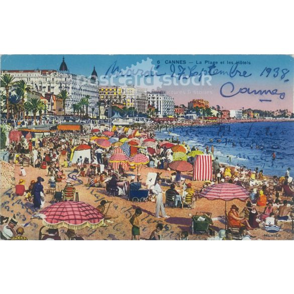 1938 – The seashore  and hotels of Cannes. Colored photo sheet, postcard. (2791309)