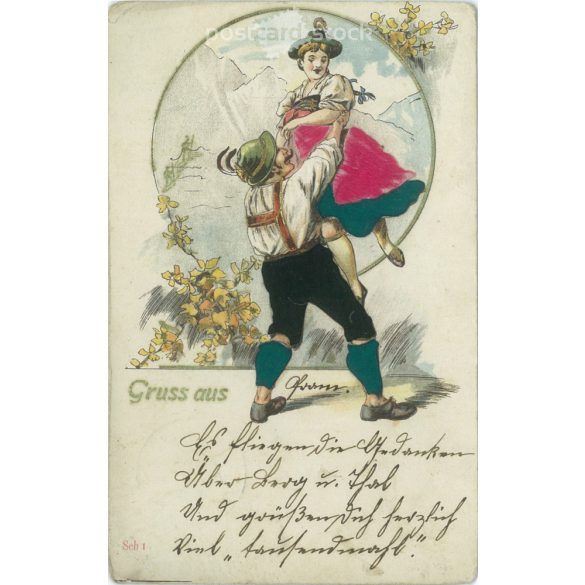 1900 – Cheerful romantic greeting card. Embossed, gilded graphics. (2791482)