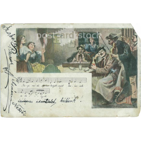 1899 – Romantic postcard with singers, music sheet, lyrics and unique illustration. Postcard. (2791549)