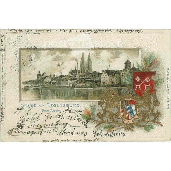 1909 – Greetings from Regensburg. Unique litography and embossed, gilded crest. Colored photo sheet. (2791550)