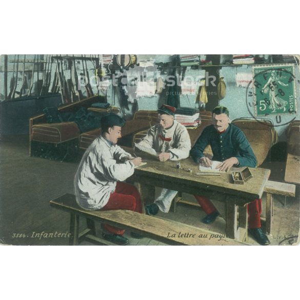 1909 – Soldiers while writing a letter. Colored photo sheet, greeting card. (2791707)