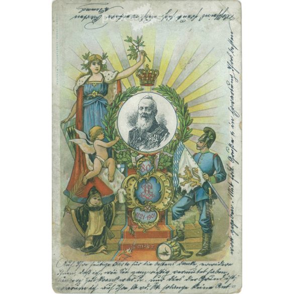 1901 – Lithographed postcard on the occasion of Prince Luitpold’s 80th birthday 1821-1901, Münchner Kindl and Bavaria pay tribute to the ruler. (2791711)