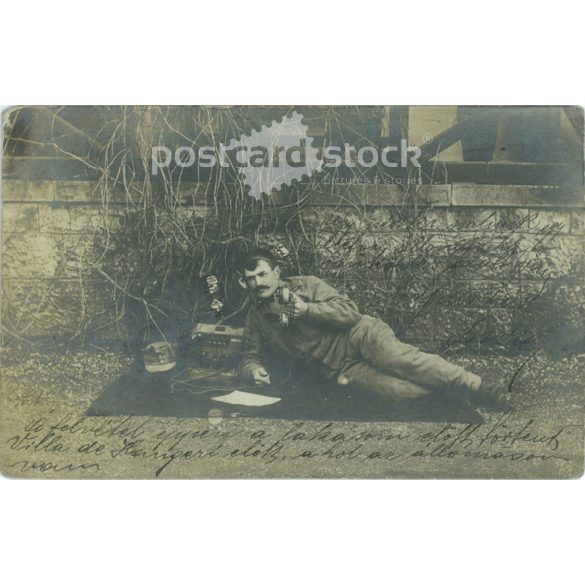 1915 – WWI K.u.K. soldier at his station. With camp stamp. Postcard, photo sheet. (2791817)