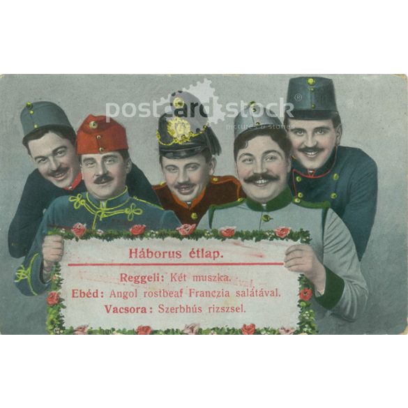 1914 – WWI Austro-Hungarian K.u.K. military war menu with humour. Postcard, colored photo sheet. (2791818)