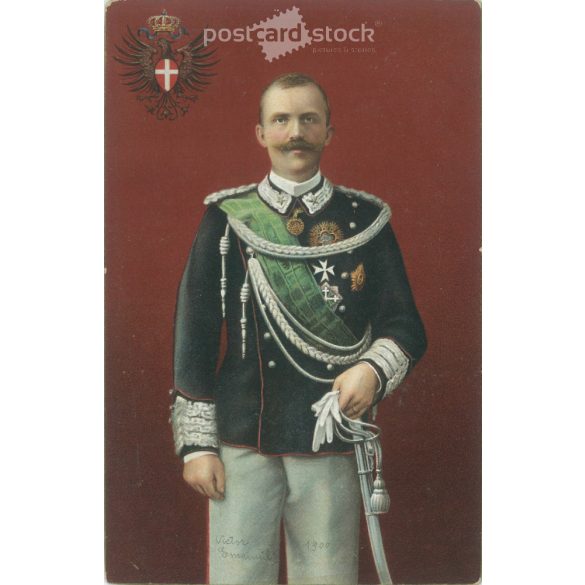 A vintage postcard featuring King Victor Emmanuel III of Italy, circa 1905. Postcard, lithography. (2791820)