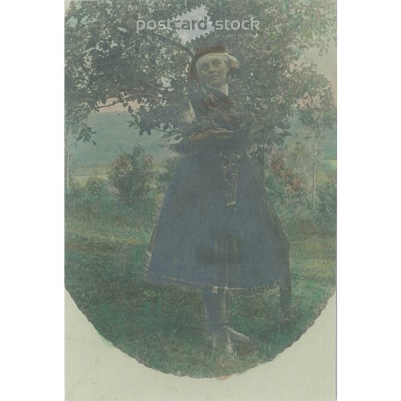 Full length, color photo sheet, postcard detail. Woman in traditional costume in front of a fruit tree. (2791833)