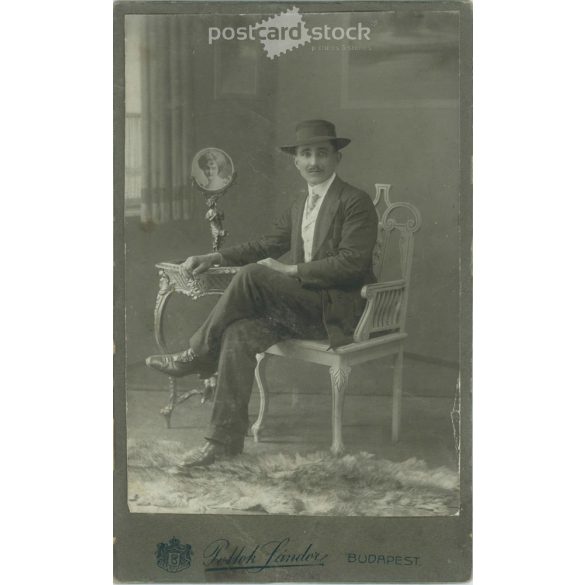 Sándor Pottok photography studio, Budapest. Full-length studio shot of a young, wealthy man posing in a fashionable hat and suit. Cabinet photo / hardback photo / business card, CDV photo. (2791915)