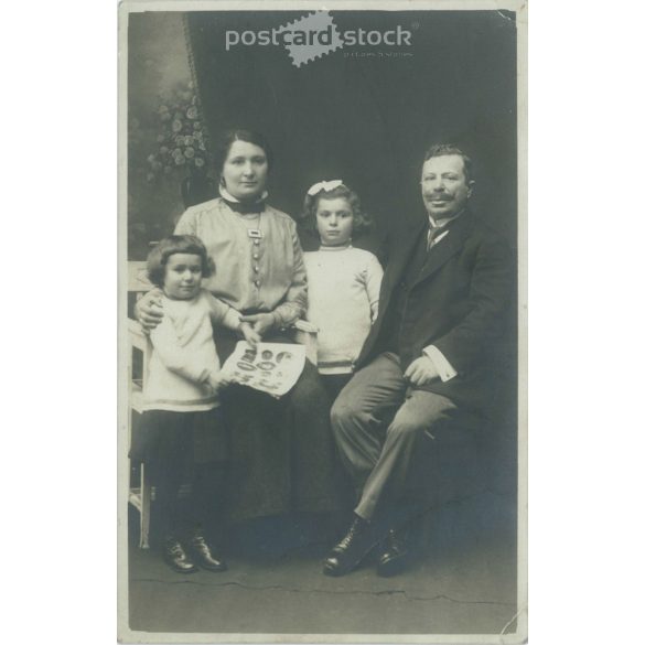 A family photo of a middle-class family taken in the photo studio of Vincze Takács. Debrecen. Original paper image. Postcard, photo sheet. (2791920)