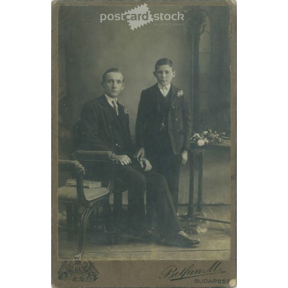 A full-length photo of young brothers in an elegant suit taken in M. Botfan’s photo studio. Budapest. Original paper image. Cabinet photo / hardback photo. (2791932)