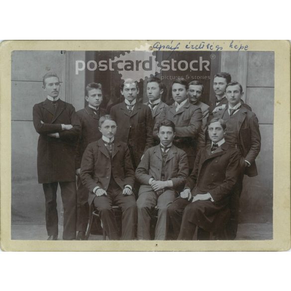 Group photo with the caption “My Dad’s Graduation Picture”. Original paper image. Cabinet photo / hardback photo. (2791949)