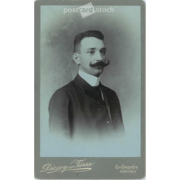 Cabinet photo taken in the photo studio of Décsei és Társa, Gyöngyös. Studio photo of a talented young man with a mustache and character. Cabinet photo / hardback photo / business card, CDV photo. (2791956)