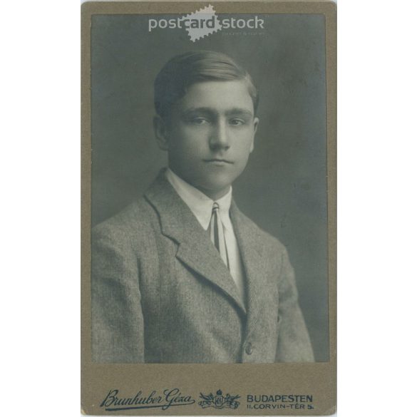 Cabinet photo taken in Géza Brunhuber’s photo studio in Budapest. Artistic portrait photo of young man in elegant suit and tie. Cabinet photo / hardback photo / business card, CDV photo. (2791961)