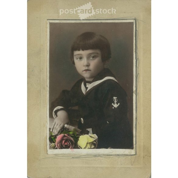 Artistic portrait photo of little boy in sailor top with flowers. Colored paper image. (2791963)