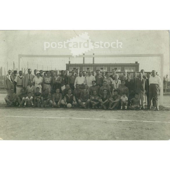 Civilians and athletes together, group portrait on soccer field. Original paper image. Postcard, photo sheet. (2791973)