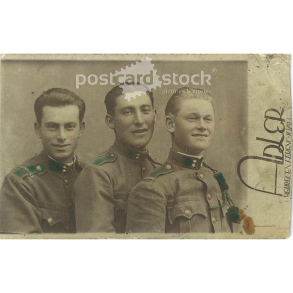 circa 1939 – Adler, photography studio, Debrecen. Comrades in uniform, group photo, colored paper image, portrait photo. Original paper image. (2792007)