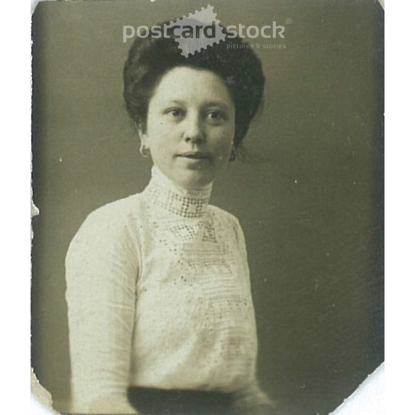 Small photo. Young woman in white blouse. Studio shot, original paper image. (2792008)