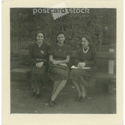   Young ladies, classmates in the park. Original small paper image. (2792016)