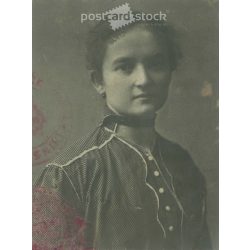   Portrait photo of young woman in elegant striped blouse. Small paper image, photo sheet detail. (2792017)