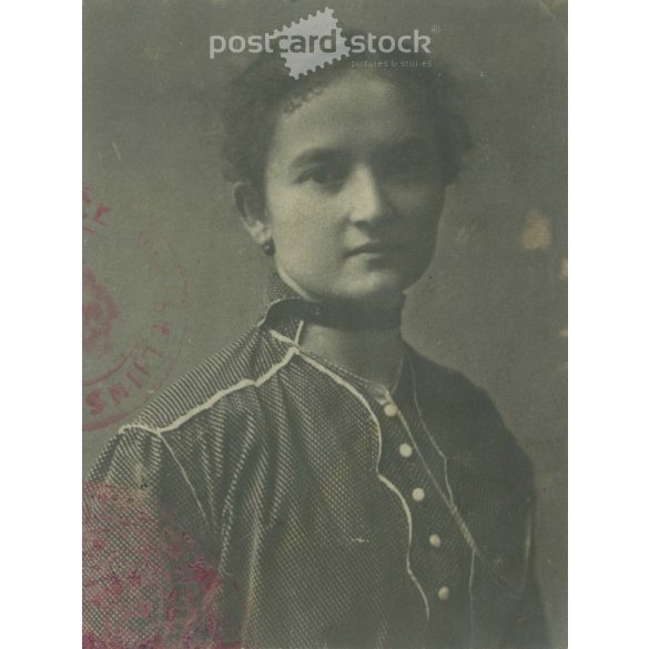 Portrait photo of young woman in elegant striped blouse. Small paper image, photo sheet detail. (2792017)