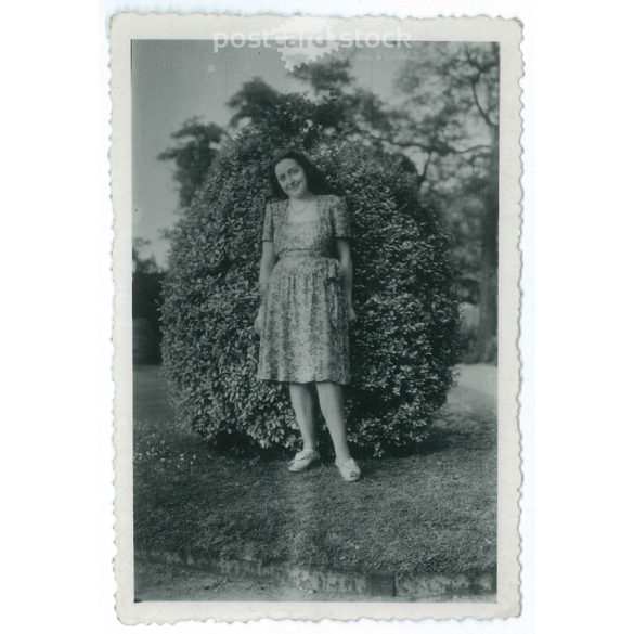 Full length photo of young woman in elegant dress in the park. Small original paper image. (2792018)