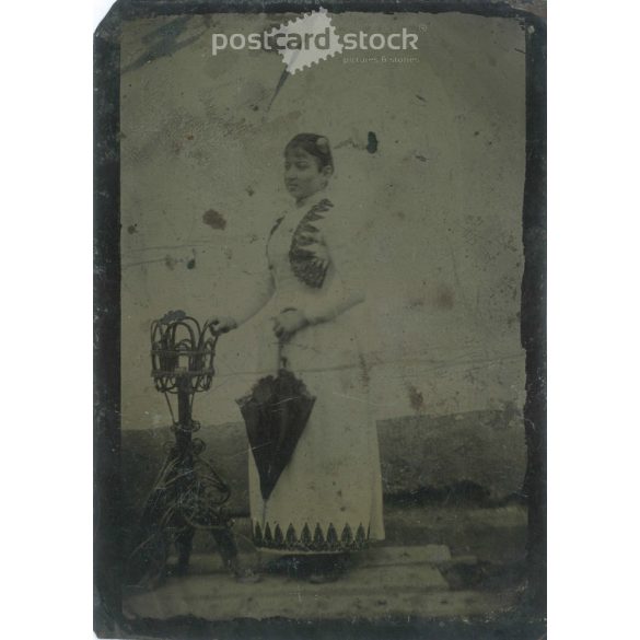 Full length photo of young girl in elegant dress with umbrella. Original tintype. (2792023)