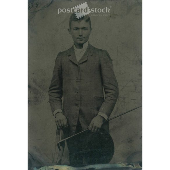 Full length photo of young man with walking stick and hat. Original tintype. (2792024)