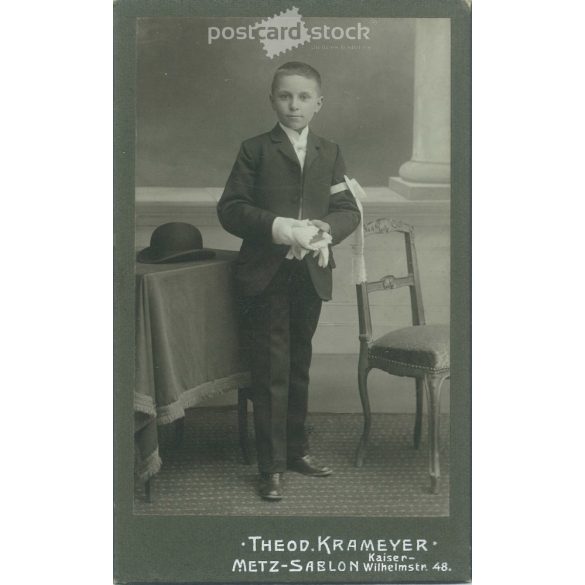 Theodor Krameyer, Photography Studio, France, Metz. Full-length photo of first communion little boy. Cabinet photo / hardback photo / business card, CDV photo. (2792034)