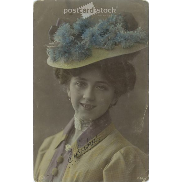 1908 – Portrait of a young woman Zákány, in contemporary, elegant clothing, with a hat. Colored photo sheet, postcard. (2792049)