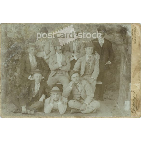 Early 1900s. Dékány J. photography studio, Ungvár. Group photo of bachelors. Cabinet photo / hardback photo / business card, CDV photo. (2792113)