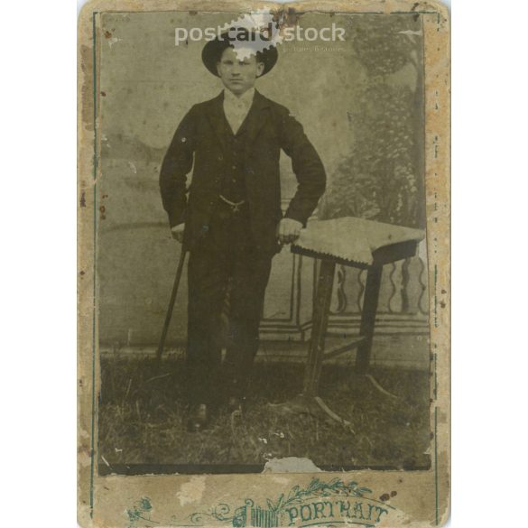 Early 1900s – Young man, grandfather Vígh, studio full-length photo. Its maker is unknown. Cabinet photo / hardback photo / business card, CDV photo. (2792199)