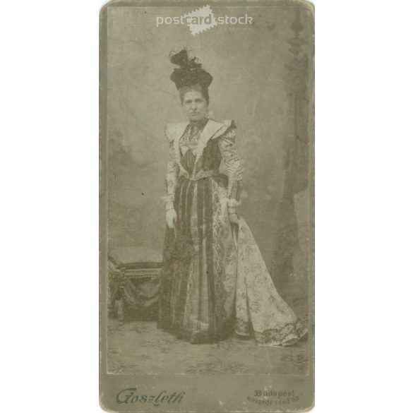 1890s. Elegant woman, studio photo. Made by István Goszleth, photography studio, Budapest. Original cabinet photo / hardback photo / business card, CDV photo. (2792229)