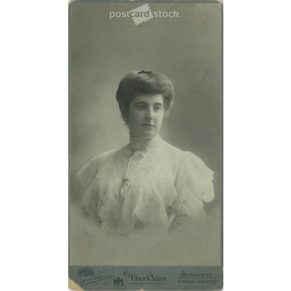 Early 1900s. Woman in lace dress, studio shot. It was made by Ödön Uher, his photography studio, in Budapest. Original cabinet photo / hardback photo / business card, CDV photo. (2792231)