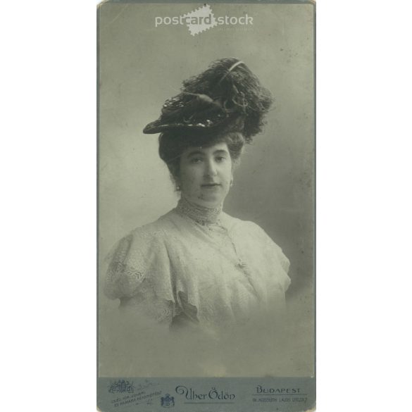 Early 1900s. Woman in lace dress and hat, studio shot. It was made by Ödön Uher, his photography studio, in Budapest. Original cabinet photo / hardback photo / business card, CDV photo. (2792232)