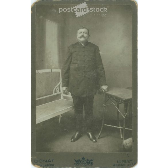 Early 1900s. Middle-aged man in fancy dress. Donát, successor of Stahl, photography studio, Újpest. Original cabinet photo / hardback photo / business card, CDV photo. (2792245)