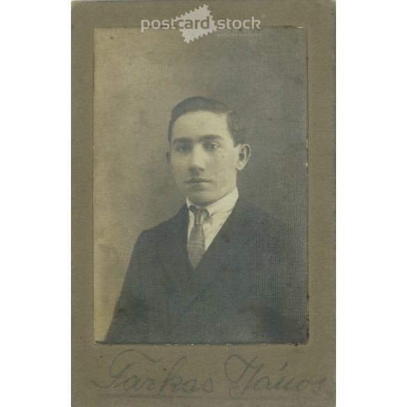 Early 1900s. Studio portrait photo of János Farkas. Its maker is unknown. The photo was taken in Budapest. Original cabinet photo / hardback photo / business card, CDV photo. (2792266)