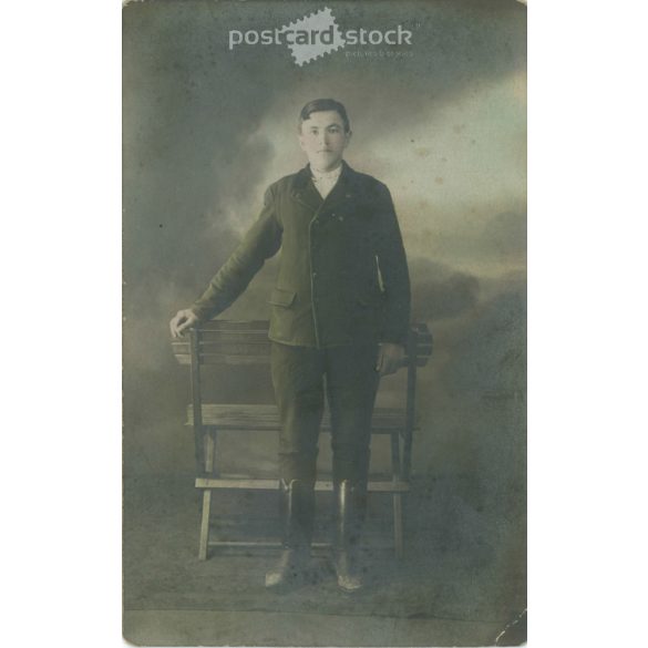 1930s. Full-length photo of an unknown young boy. It was made in the studio of Foto-lux photography company. Ráday Street, Budapest. Colored photo sheet, postcard. Original paper image. (2792278)