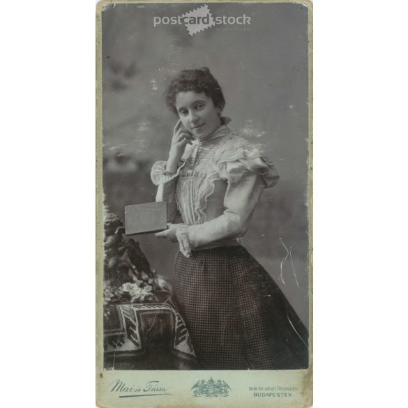 Late 1890s. Unknown young woman with book in hand, full length photo. It was made in the photography studio of Mai and Társa. Budapest. Original cabinet photo / hardback photo / business card, CDV photo. (2792280)