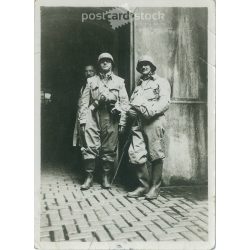   1930s. Presumably chemical defense soldiers. Black and white original paper image, old photo. (2792404)