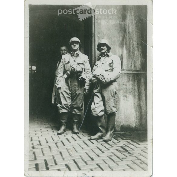 1930s. Presumably chemical defense soldiers. Black and white original paper image, old photo. (2792404)