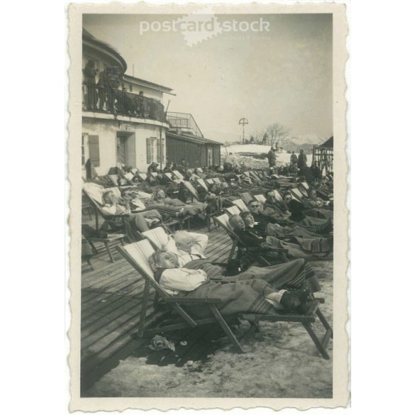 1930s. Garmisch-Partenkirchen, Germany’s resting place, with German soldiers. Its maker is unknown. Black and white original paper image, old photo. (2792416)