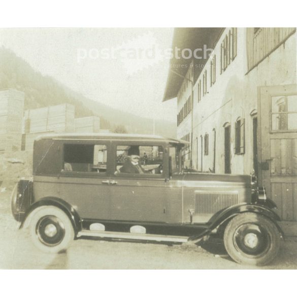 1940s. Germany. Car and its owner. Its maker is unknown. Black and white original paper image, old photo. (2792435)