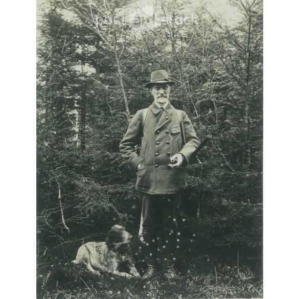 1930s. Germany. Hunter and his dog. Its maker is unknown. Black and white original paper image, old photo. (2792440)