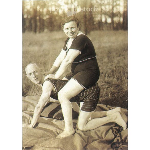 1950s. Germany. Middle-aged cheerful couple resting. Published by Gutsch Verlag, Berlin. Cut out postcard. Sepia effect, reprint after an old photo. (2792448)