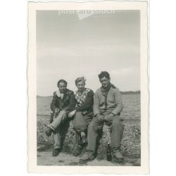   1964 – Young men (boys) on a trip to the lake. Black and white original paper image, old photo. (2792454)